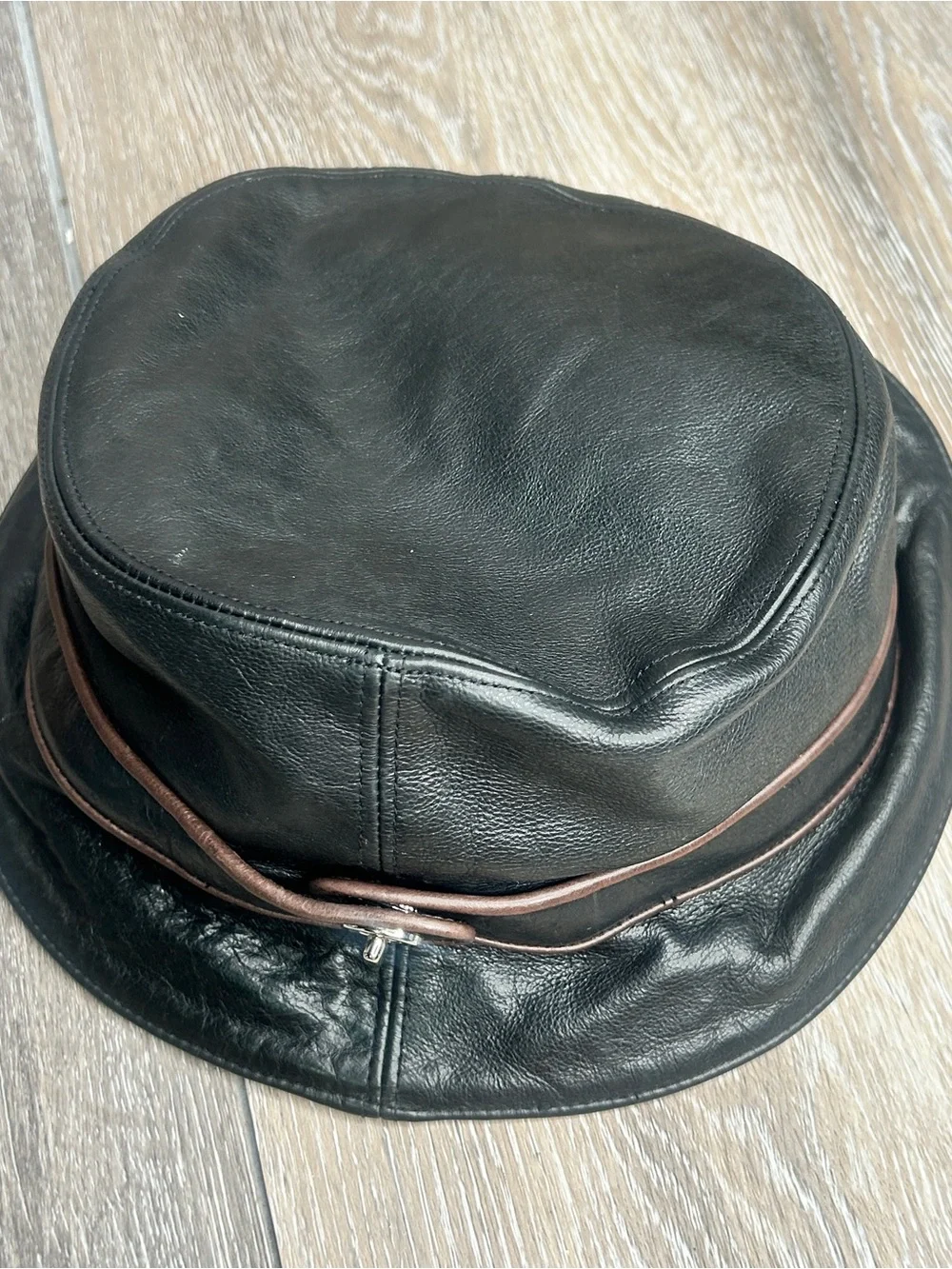 Vintage Coach Leather Bucket Hat Black with Brown Accent Band